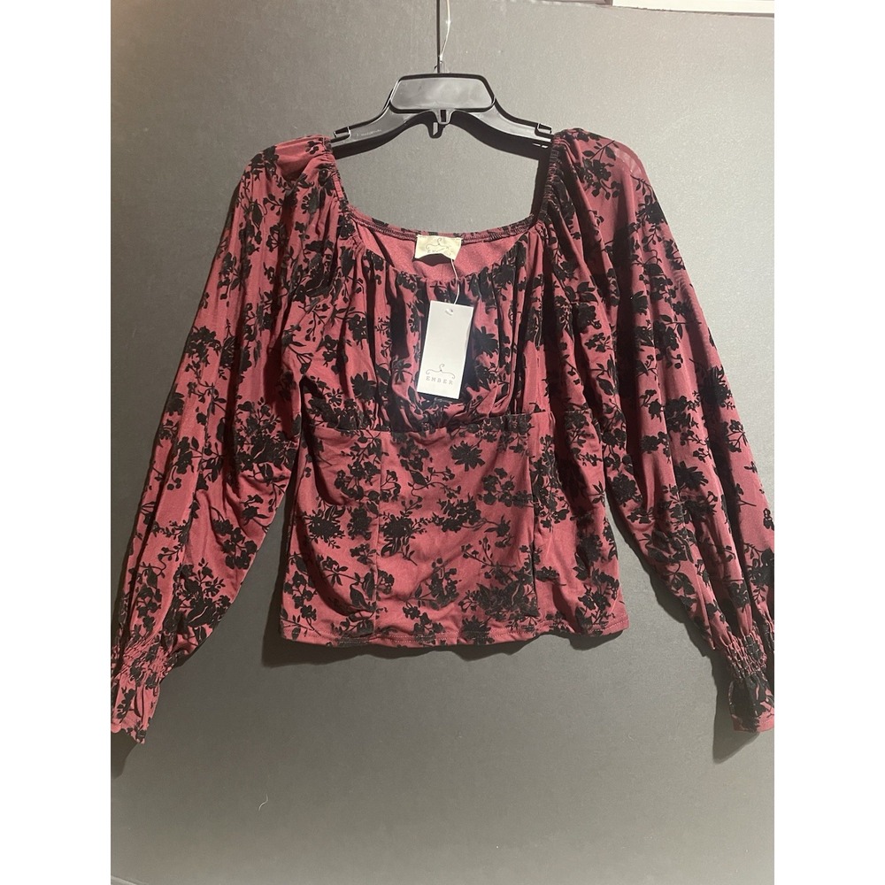 Ember Womens Burgundy Long Sleeve Black Large velvet Witchy Floral Goth NWT